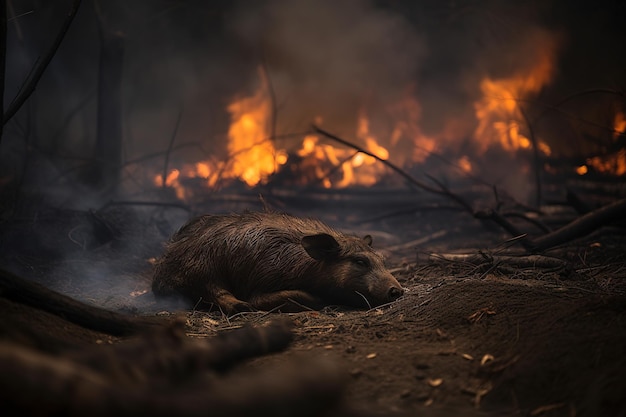 Imagem de javali exausto em meio a incêndios florestais e fumaça Ilustração de animais selvagens IA generativa