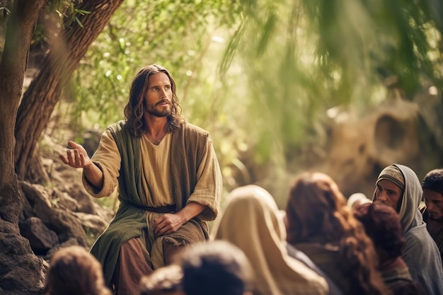 Imagem de Jesus Cristo pregando às pessoas ajudando-as a receber a Fé Religiosa