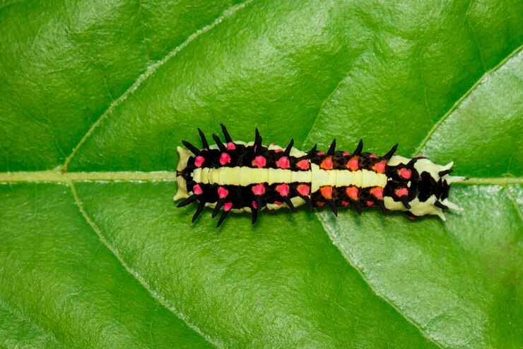 Foto imagem de lagartas de mímica comum em folhas verdes em um fundo natural inseto animal
