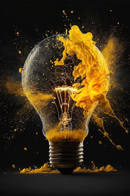 Imagem de lâmpada com manchas amarelas em fundo preto criada usando tecnologia generativa de IA