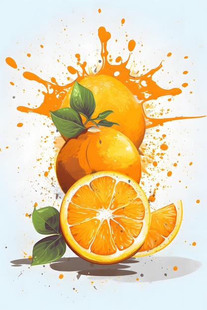 Imagem de laranjas com folhas e suco de laranja espirrando ao redor delas IA generativa
