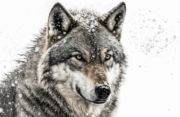 Imagem de lobo cinzento com flocos de neve no focinho isolado em branco Generative AI