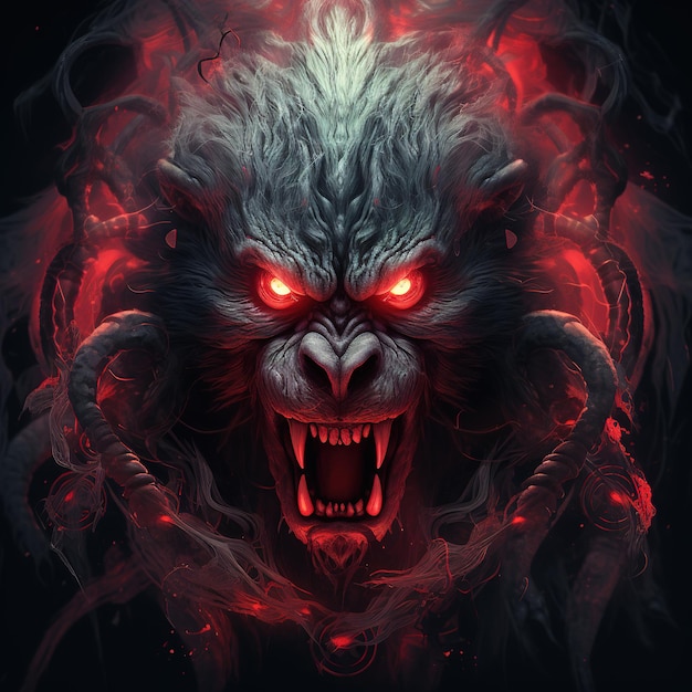 Imagem de macaco demônio zangado aterrorizante e chamas em fundo escuro animais selvagens ilustração ia generativa