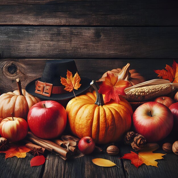 Imagem de maçãs de Ação de Graças, abóboras e folhas caídas em fundo de madeira