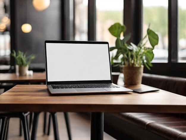 Imagem de maquete de laptop com tela branca em branco em mesa de madeira em um café