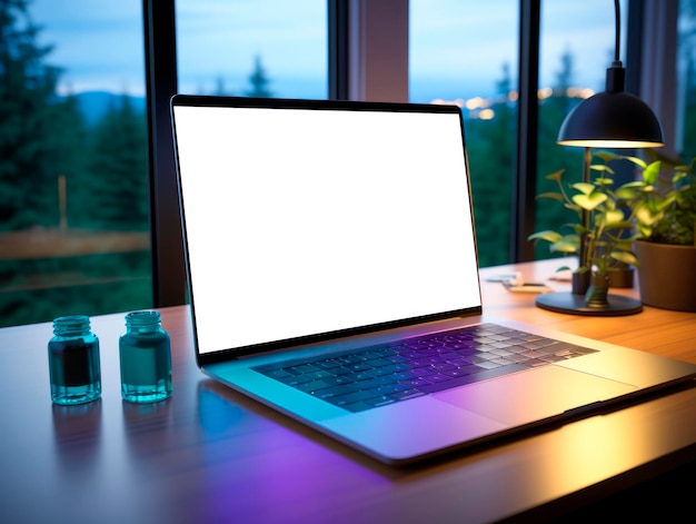 Imagem de maquete de laptop com tela branca em branco na mesa em ambiente de escritório IA generativa