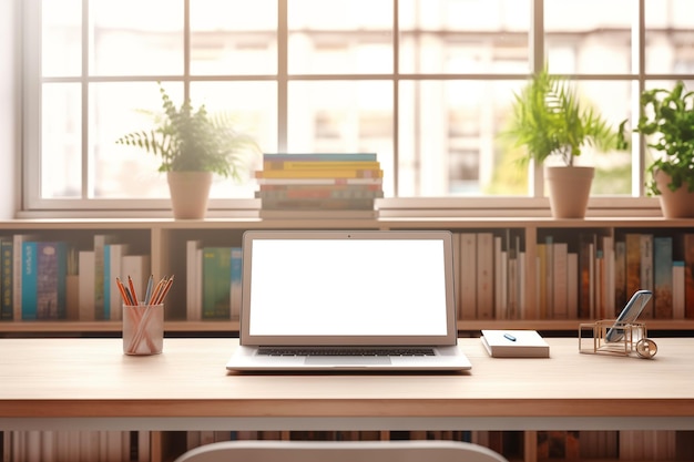 imagem de maquete de laptop com tela transparente em branco na mesa junto aos cadernos e livros didáticos