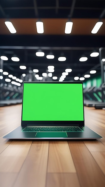 Imagem de maquete de laptop com tela verde em branco no chão de madeira no ginásio