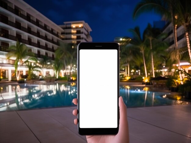 Imagem de maquete de mão segurando telefone celular branco com tela branca em branco