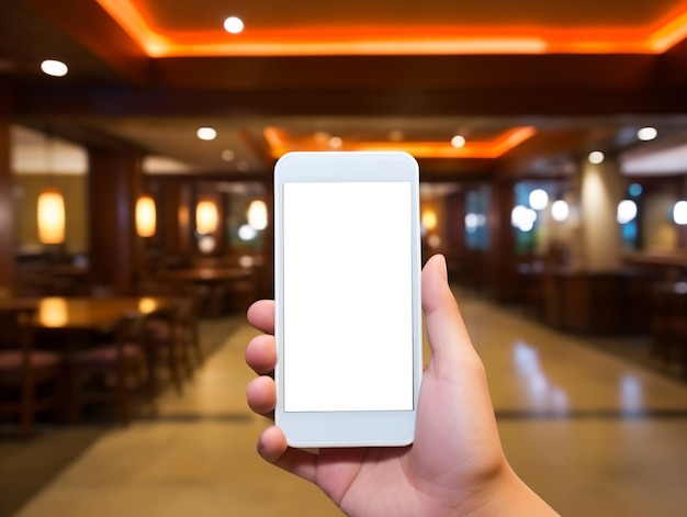 Imagem de maquete de mão segurando um telefone móvel branco com tela branca em branco