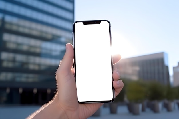 Imagem de maquete de mãos segurando um celular preto com tela de área de trabalho em branco Conteúdo generativo de IA