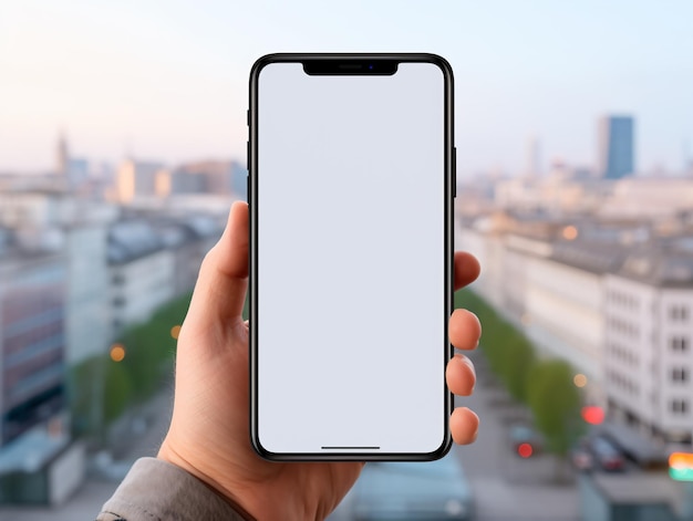 Imagem de maquete de uma mão segurando um celular branco com uma tela branca em branco