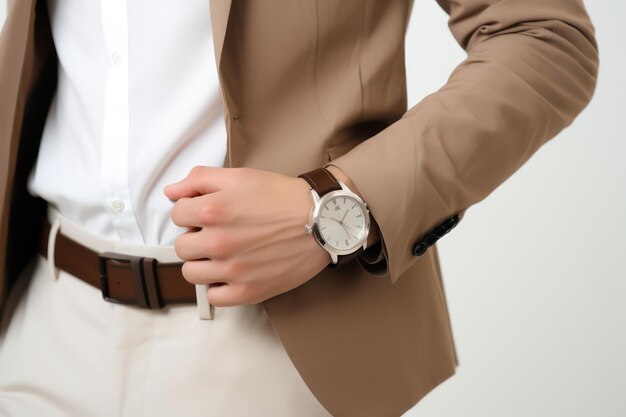 Foto imagem de moda em close-up de relógio castanho de luxo no pulso de um homem