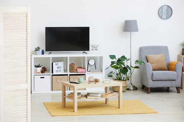 Imagem de móveis modernos e TV grande na sala doméstica do apartamento