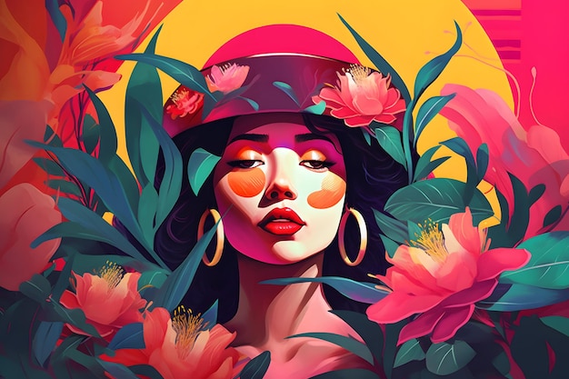 Imagem de mulher com flores na cabeça e chapéu na cabeça Generative AI