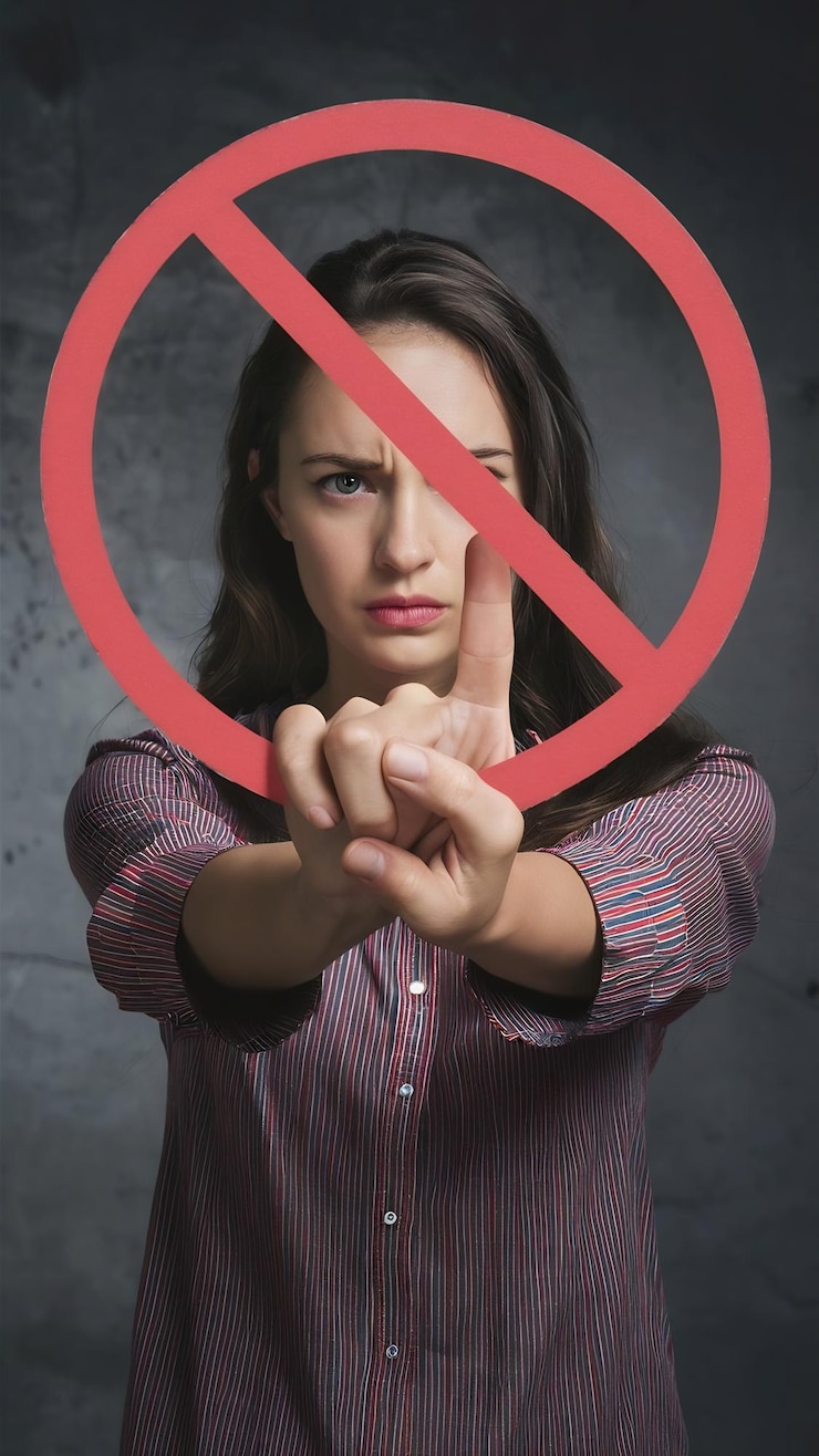 Foto imagem de mulher expressa antipatia mostra cruz parar gesto desaprovar algo proibir fica sobre