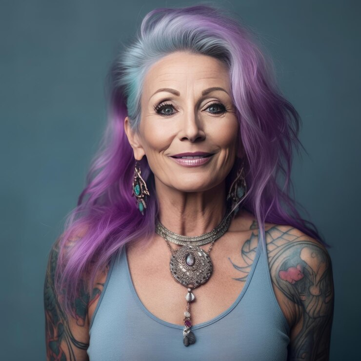 Foto imagem de mulher madura tatuada com cabelo curto roxo