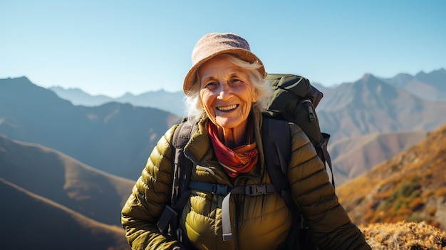 imagem de mulher sênior madura caminhando nas montanhas