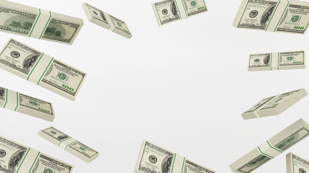 Imagem de notas dos EUA flutuando em um fundo brancoRenderização em 3d do sistema financeiro de investimento