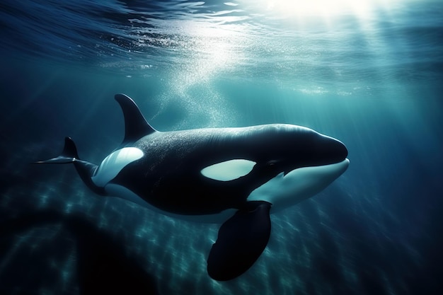 Imagem de orca ou baleia assassina nadando sob a ilustração de animais subaquáticos do mar IA generativa