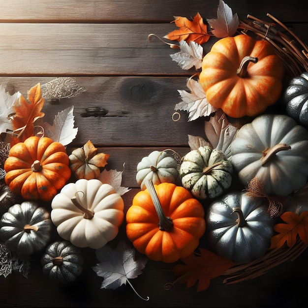 Imagem de Outono Fronteira de abóboras coloridas e folhas de prata contra um fundo de madeira rústica
