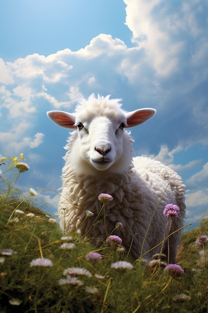 Imagem de ovelhas em um lindo campo de flores Farm Animals Generative AI Illustration