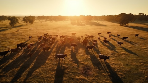 Imagem de paisagem natural, rebanho de gado a pastar, IA generativa