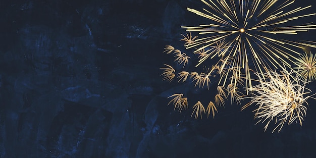 Imagem de panorama de banner de fundo de ano novo de estrelinhas douradas de fogos de artifício na textura azul escuro do céu noturno com espaço de cópia para o texto