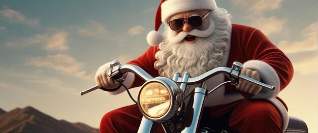 imagem de Papai Noel dirigindo uma motocicleta Harley Davidson e usando óculos de sol