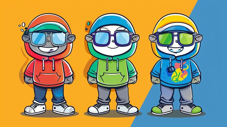 Foto imagem de personagens de mascote brilhantes e ousados em uma tela de cores sólidas