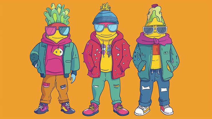 Foto imagem de personagens de mascote brilhantes e ousados em uma tela de cores sólidas