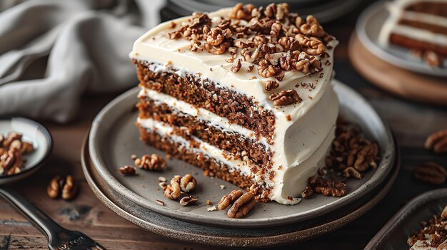 Imagem de perto de um bolo de cenoura decorado com amendoim e um prato limpo mantido em um pano de fundo de madeira