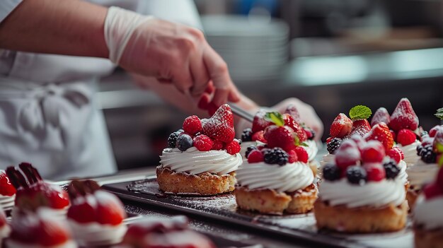 Foto imagem de perto de um chef fazendo vários cupcakes com morangos e creme com espaço livre ia geradora