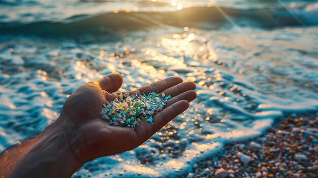 Imagem de perto de uma mão de homem segurando microplásticos encontrados na costa do mar com um grande espaço para texto um conceito de salvar a terra IA geradora