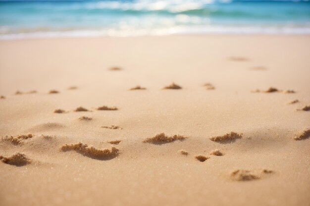 Imagem de perto de uma praia de areia com fundo de mar desfocado