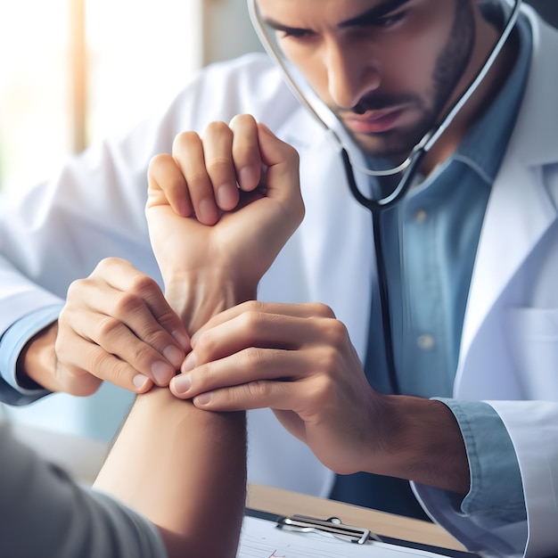 Foto imagem de perto do médico verificar o pulso do paciente no hospital conceito médico