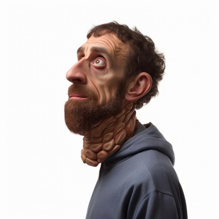 Foto imagem de pescoço de monstro humorística e hiperdetalhada com animação facial expressiva