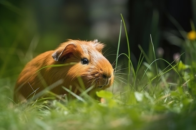 Imagem de porquinho-da-índia descansando na grama verde do pasto no verão Ilustração de animais de estimação IA generativa