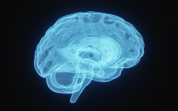 Imagem de raio-x brilhante do cérebro humano em wireframe azul em fundo preto isolado Ciência e conceito médico Lado da renderização de ilustração 3D do cérebro