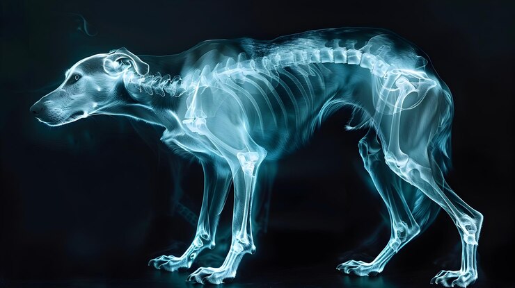 Imagem de raios-X veterinários hiper-detalhada da estrutura esquelética de um cão em alta