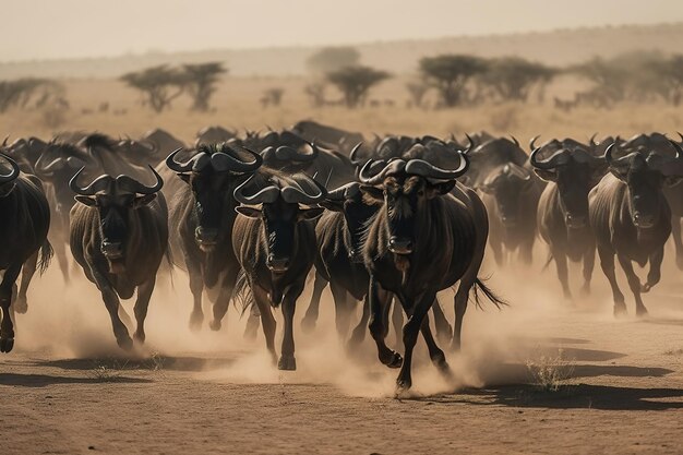 Imagem de rebanho de gnus em um prado seco no fundo natural Ilustração de animais selvagens Generative AI