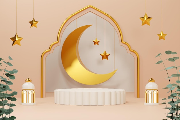 imagem de renderização 3D do fundo de saudação do tema ramadan e eid fitr com objeto de decoração islâmico