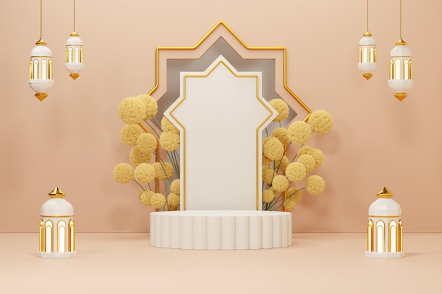 imagem de renderização 3D do fundo de saudação do tema ramadan e eid fitr com objeto de decoração islâmico