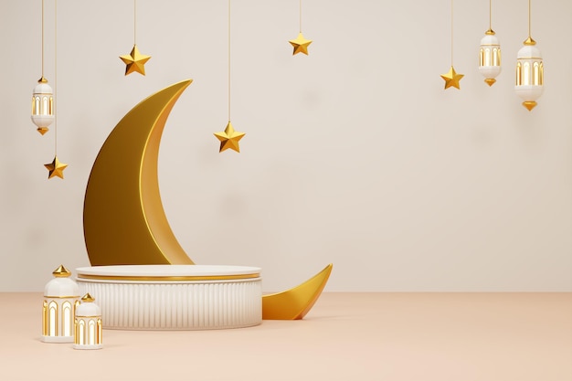 imagem de renderização 3D do fundo de saudação do tema ramadan e eid fitr com objeto de decoração islâmico