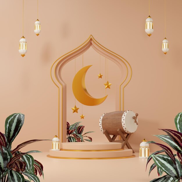 imagem de renderização 3D do fundo do pódio do tema ramadan e eid fitr com objetos de decoração islâmicos