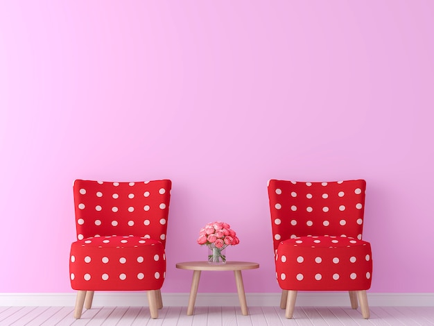 Imagem de renderização em 3d da sala de estar do tema dos namorados. Há uma imagem de estilo minimalista, parede rosa vazia e mobília vermelha