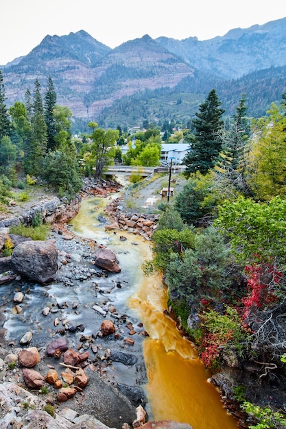 Imagem de rios límpidos e marrons se misturando em um desfiladeiro com montanhas ao fundo