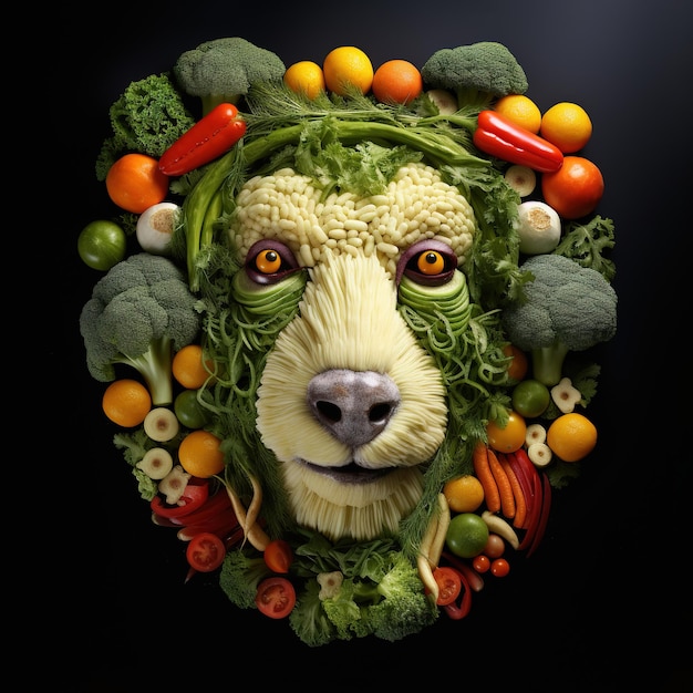 Imagem de rosto de ovelha feita com legumes e frutas em fundo escuro Animais de fazenda