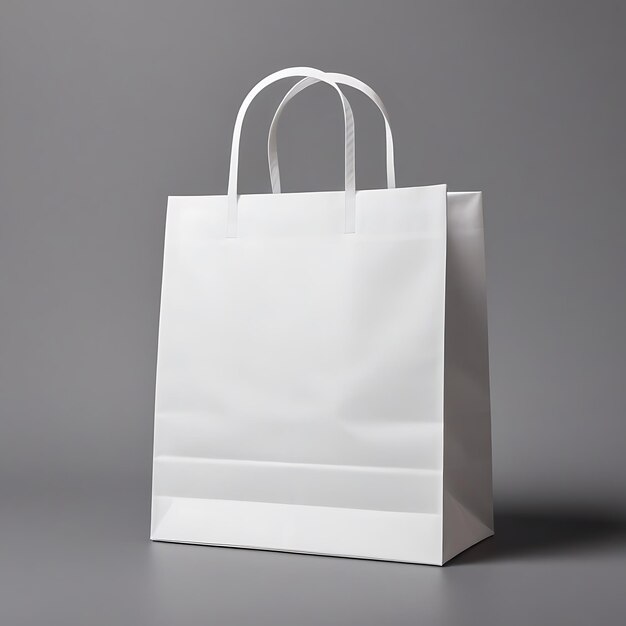 Imagem de saco de papel branco de cor com alças em fundo cinza com sombras