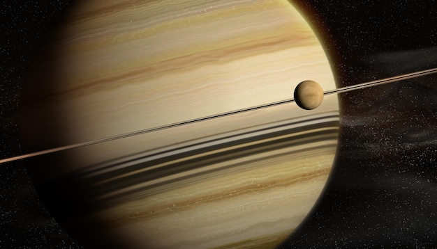 Imagem de Saturno com sua lua Titã. Imagem 8K dos anéis de Saturno. ilustração 3D